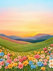 Obraz premium A sunrise over rolling hills dotted with wildflowers, soft spring hues, 3D illustration