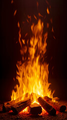 Campfire. Fire in the fireplace. Burning logs with glowing embers and sparks. Flickering flames