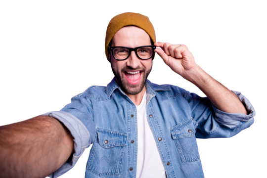 Photo of excited guy online video translation for blog wear specs casual denim outfit isolated violet background