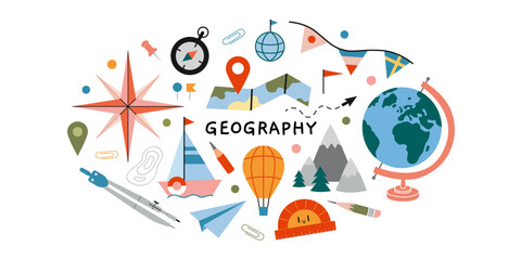 Geography lesson at school, travel concept. Oval composition with globe, wind rose, compass, mountains, map, hot air balloon and ship. Vector illustration isolated on white, hand drawn, flat