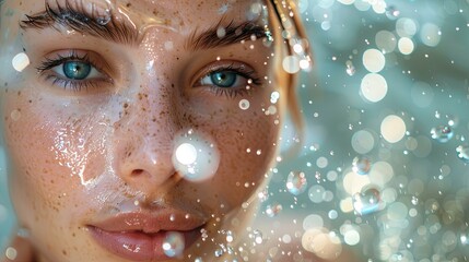Freckled Face Emerging from Water, Glistening Skin, Close-up