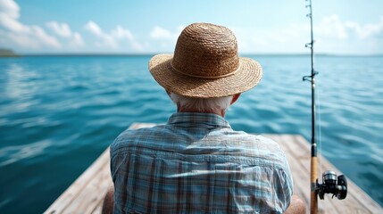Obraz premium Showing only his back, an elderly man in a straw hat and plaid shirt quietly fishes at a vast, calm lake, seated on a wooden pier under a clear sky.