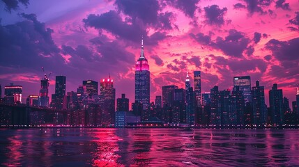 Midtown Manhattan Skyline at Sunset with Vibrant Pink Clouds