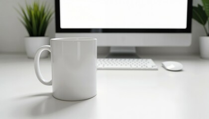 Simple mug with a logo placeholder on a minimalist desk in a professional workspace setting