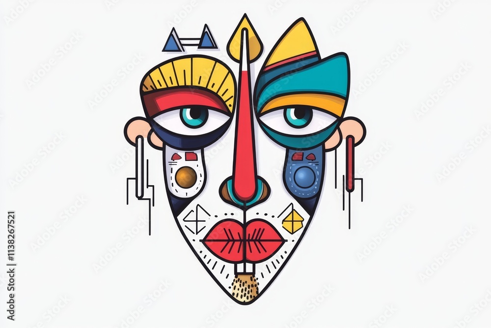 Poster A flat design of a face with geometric features, using bold colors and simple lines to convey expression
