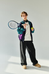 Confident young man holds tennis gear in a stylish bomber jacket, showcasing modern youth fashion.