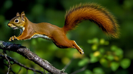 Red Squirrel Leaping with Tail in the Air on an Upward Spiral Path