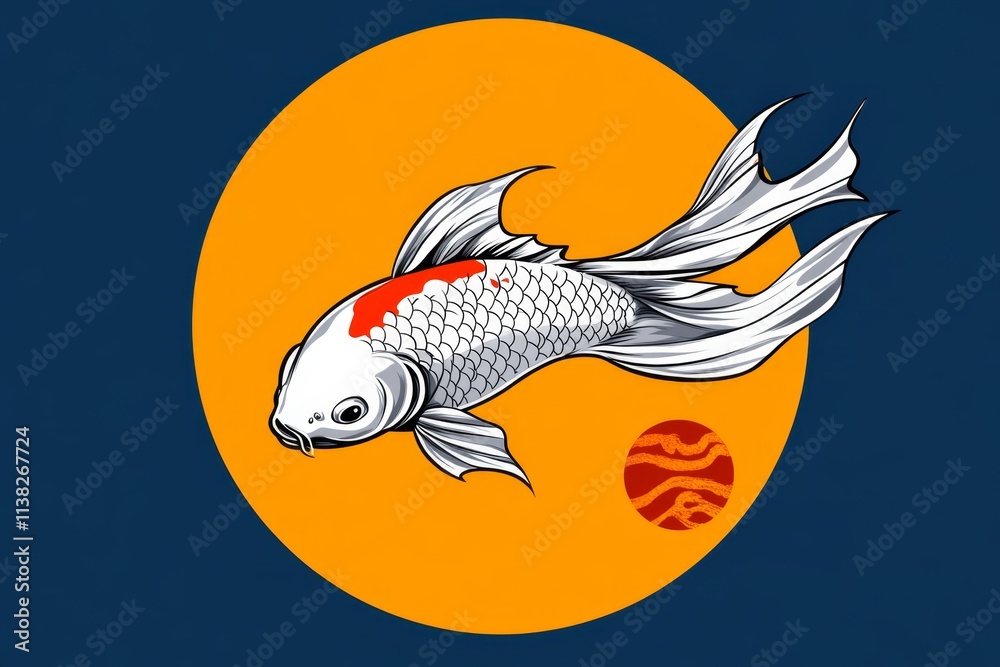 Poster A flat design of a koi fish with flowing fins, depicted in bold red and white patterns with a minimalist aesthetic