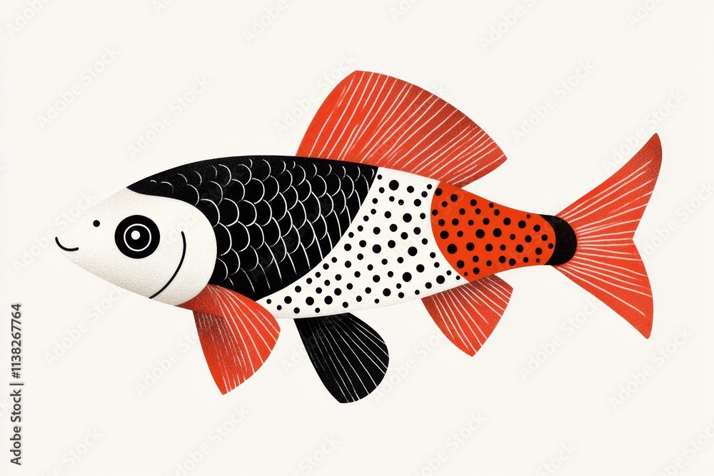 Poster A flat design of a koi fish with flowing fins, depicted in bold red and white patterns with a minimalist aesthetic