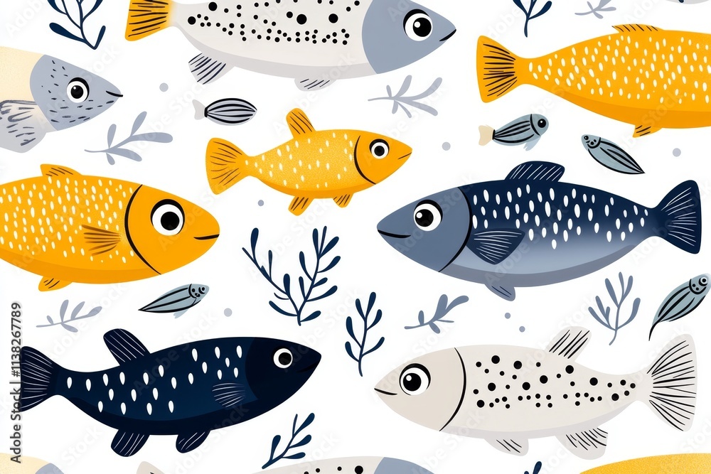 Poster a flat design of a school of fish swimming through abstract underwater patterns, rendered in cheerfu