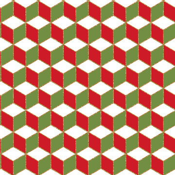 Seamless pattern repeat geometric cubes in white, red green, and gold glitter accents