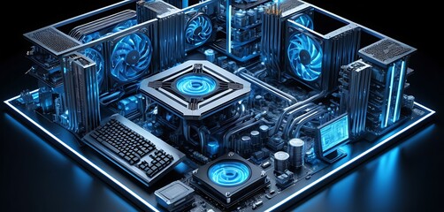 Fototapeta premium Realistic computer interior featuring glowing futuristic energy cores.