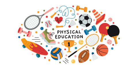 Physical education training, lesson at school, sports and active lifestyle concept. Oval art with ball, racket, sneaker, dumbbell, jumping rope and cup. Vector illustration, hand drawn, flat