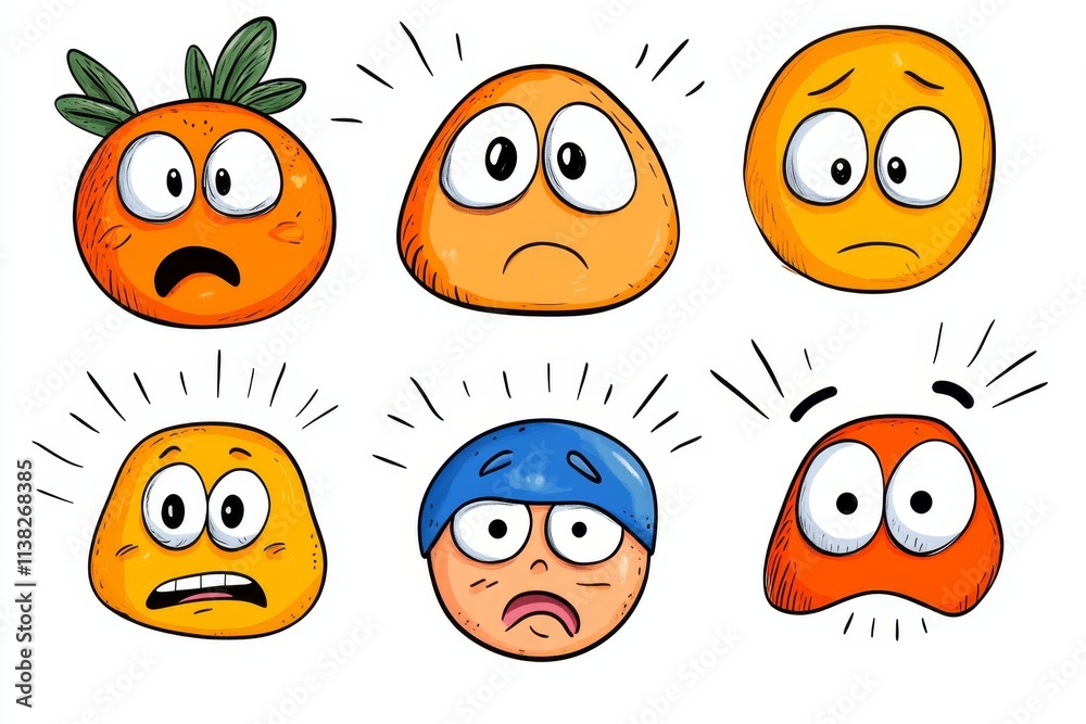 Poster a flat, infographic-style illustration of a face showing different expressions, labeled with emotion