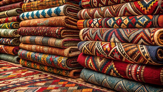 A vibrant collection of intricately woven rugs stacked high, showcasing a rich tapestry of colors and patterns.