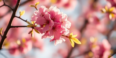 A delicate cluster of light pink blossoms softly illuminated by the sun's gentle rays, showcasing nature's vibrant artistry