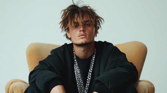 A young man with tousled hair and intense gaze sits in a plush chair, wearing a black outfit and heavy chains, conveying confidence and modern style.