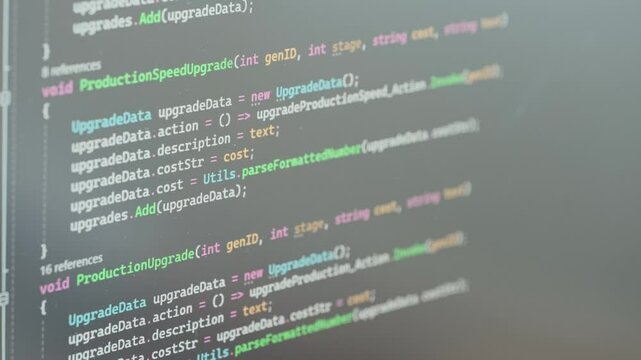 Modern programming, Coding in action, Closeup screen with digital codes and data, complexity software development, intense process software creation and innovation - Powered by Adobe