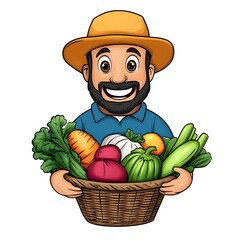 Cheerful Farmer Holding a Bountiful Basket of Fresh Vegetables in a Vibrant Illustration, Perfect for Promoting Healthy Eating and Organic Farming Concepts