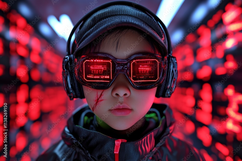 Poster a futuristic scene of a person surrounded by holographic screens displaying warnings, their face fro