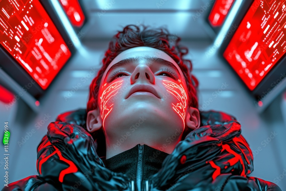 Poster a futuristic scene of a person surrounded by holographic screens displaying warnings, their face fro