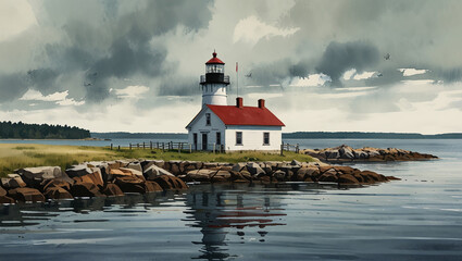 Ilustrasi lanskap gaya warna air Massachusetts