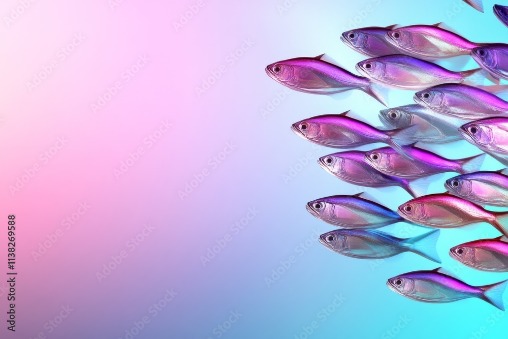 Poster a geometric design of a school of fish swimming in formation, using abstract shapes and vibrant colo
