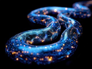 Fototapeta premium A shimmering blue snake-like figure illuminated with starry lights against a dark background.