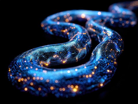 A shimmering blue snake-like figure illuminated with starry lights against a dark background.