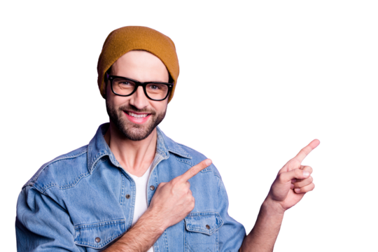 Close-up portrait of his he nice attractive content cheerful cheery glad bearded guy pointing two forefingers aside ad advert isolated over bright vivid shine violet lilac purple background