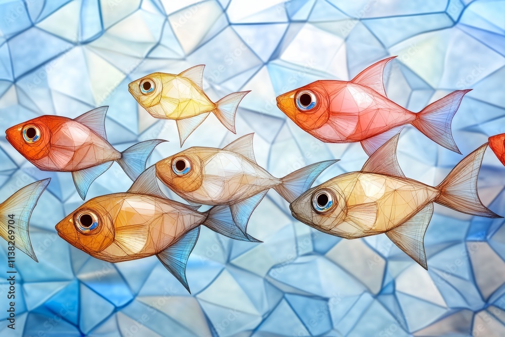 Poster a geometric design of a school of fish swimming in formation, using abstract shapes and vibrant colo