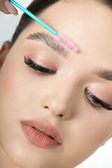Young beautiful brunette girl with natural makeup and laminated brows holds brush for eyebrow...