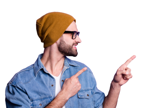 Close-up portrait of his he nice attractive confident cheerful cheery glad bearded guy pointing two forefingers aside ad advert solution isolated over bright vivid shine violet lilac background