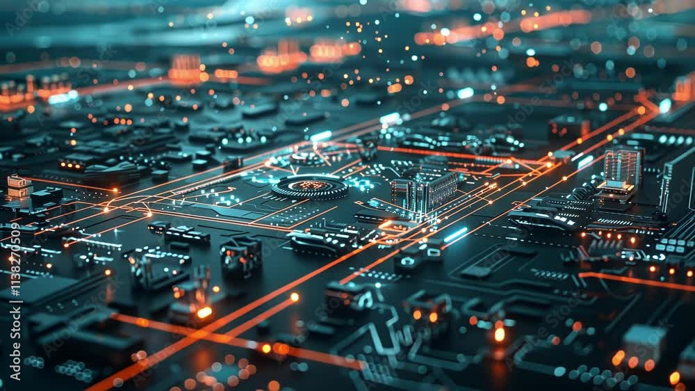Poster complex network of interconnected circuits and nodes powering a futuristic city, symbolizing advance