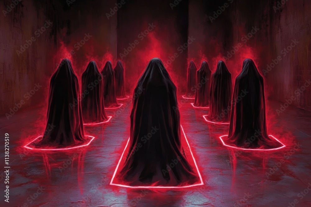 Poster a gothic depiction of a dark ritual with glowing red fire illuminating shadowy figures in cloaks