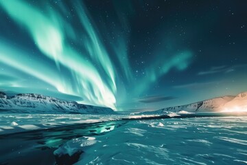 Naklejka premium Aurora Borealis Sky. Stunning Northern Lights Phenomena Over Night Sky