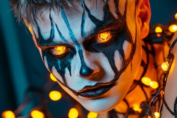 A gothic depiction of a pale face with dark makeup, surrounded by shadows and eerie glowing lights