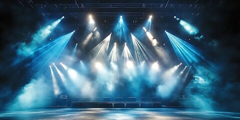 A stage setup with a circular lighting rig and spotlights illuminating an empty stage. The stage is ready for a concert, performance, or special event. This image is ideal for promotional materials.