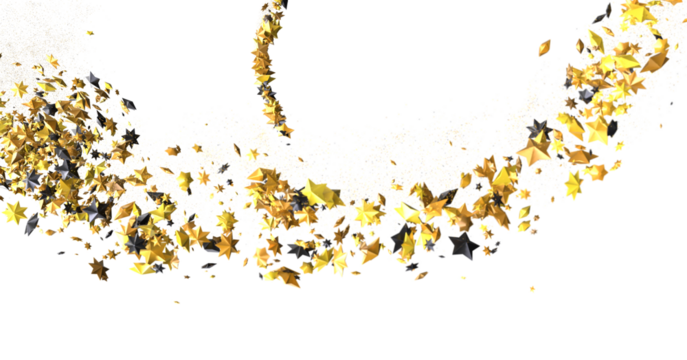 Banner with golden stars decoration. Festive border with falling glitter dust and stars.