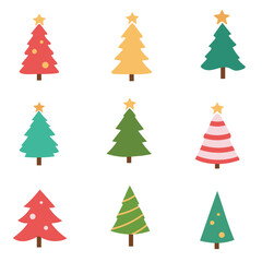 Set of Christmas trees with different decorations. Evergreen forest. Holiday design for cards, banners, packaging and textiles. Traditional symbol of Christmas and New Year. Vector illustration.
