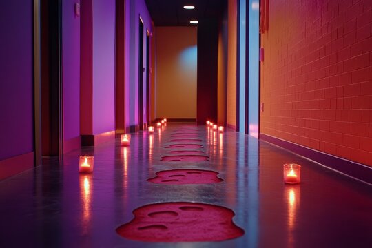 A gothic depiction of footprints in a dimly lit corridor, with candles flickering and a faint glow leading into the darkness