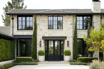 Fototapeta premium A front view of an elegant two-story, symmetrical modernist mansion in California with stone walls and black windows, featuring large hedges on the left side leading to a double door.