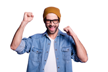 Portrait of his he nice attractive confident cheerful cheery optimistic glad bearded guy celebrating great luck isolated over bright vivid shine violet lilac background