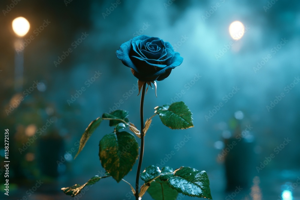 Poster a hauntingly beautiful black rose in a shadowy setting, surrounded by mist and illuminated by a sing