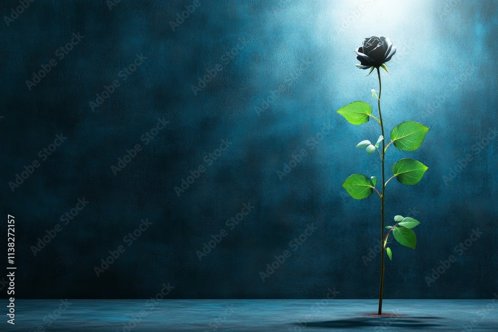 Poster a hauntingly beautiful black rose in a shadowy setting, surrounded by mist and illuminated by a sing