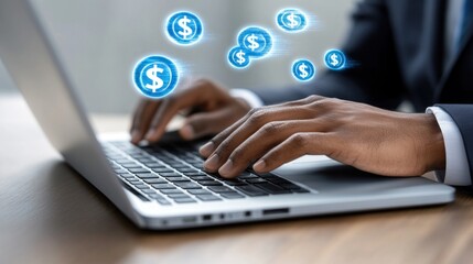 Person using laptop with digital dollar icons.