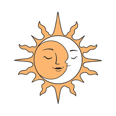 Vector silhouette of Crescent Moon inside the golden Sun. Stylized outline art with symbols of astrology, tarot, or mystic concept. Line drawing for logo, social media, print.