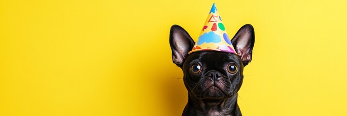 cute funny dog in birthday hat, yellow background, copy space