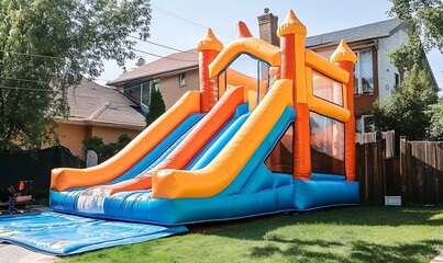 Inflatable bounce house water slide in the backyard, Colorful bouncy castle slide for children playground, Generative Ai