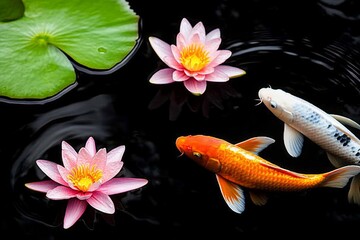 A koi pond with multicolored fish swimming serenely beneath blooming water lilies and overhanging trees